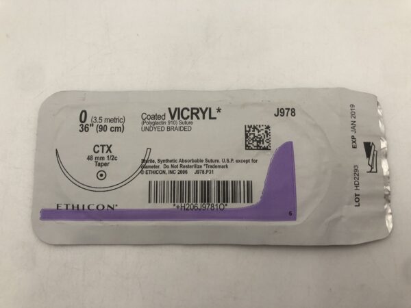 Ethicon J978 Vicryl Coated Suture Undyed Braided 0 36" CTX 48" Taper (X)