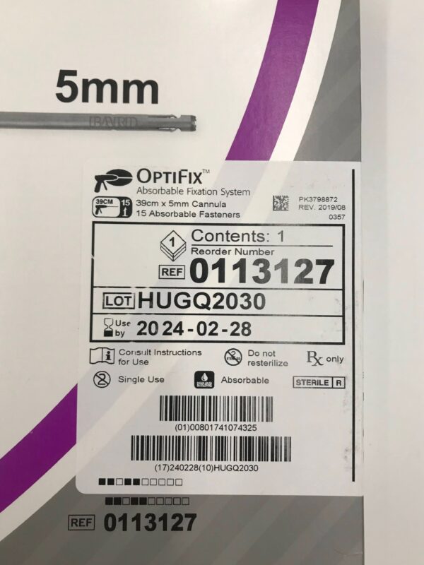 BARD 0113127 OptiFix Absorbable Fixation System 39cm x 5mm Cannula, 15 Absorbable Fasteners