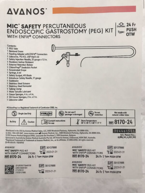 Avanos 8170-24 Mic Safety Percutaneous Endoscopic Gastrostomy (PEG) Kit with ENFit Connectors 24Fr (X)
