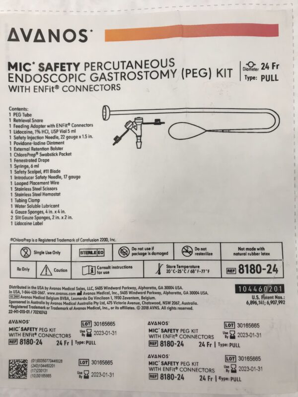 Avanos 8180-24 Mic* Safety Percutaneous Endoscopic Gastrostomy (PEG) Kit with ENFit Connectors 24Fr (X)
