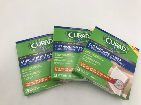 Medline CUR2044 Curad Cushioning Foam Absorbent Bandage 4 x 4in (3 Boxes with 3 Pads) (X)