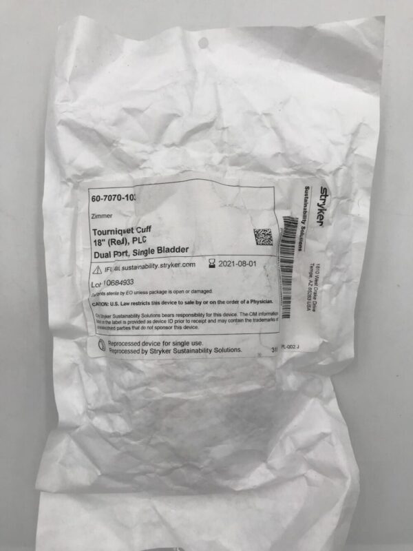 ZIMMER 60-7070-103 Tourniquet Cuff 18in Red, PLC Dual Port, Single Bladder (Reprocessed By Stryker)(X)