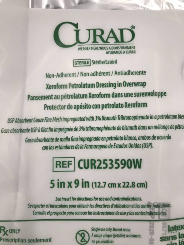 Medline CUR253590W Curad Non-Adherent XeroForm Petrolatum Dressing in Overwrap 5" x 9"(X)