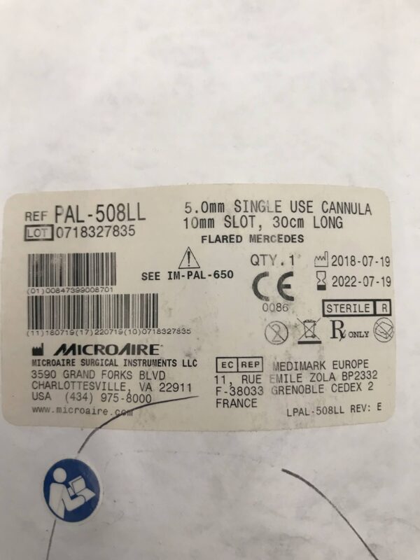 MicroAire PAL-508LL 5.0mm Single Use Cannula 10mm Slot 30cm Long Flared Mercedes (X)