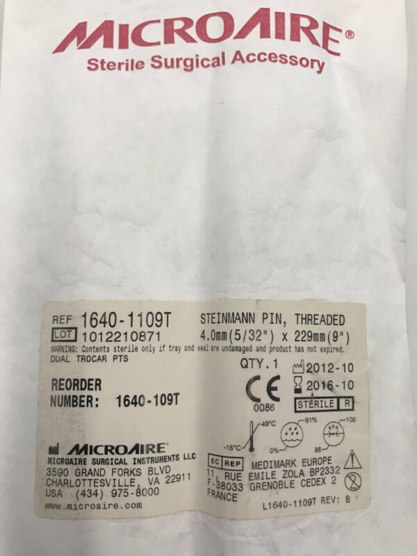 MicroAire 1640-1109T Steinmann Pin Threaded 4.0.mm x 229mm (X)