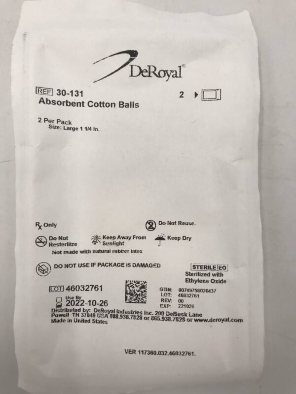 DeRoyal 30-131 Absorbent Cotton Balls 2 Per Pack Large 1 1/4in (X)