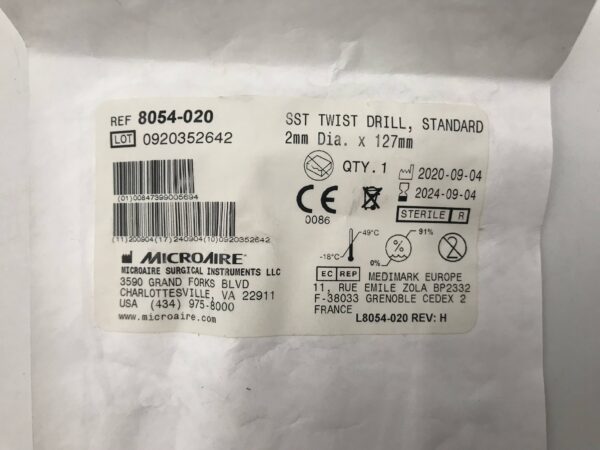 MicroAire 8054-020 SST Twist Drill Standard 2mm Dia x 127mm