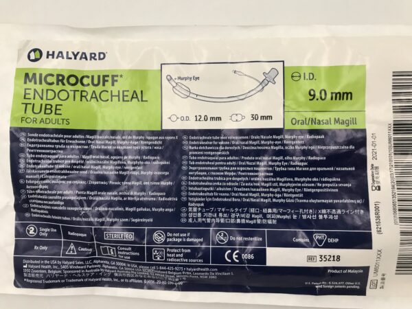 Halyard 35218 Microcuff Endotracheal Tube for Adults Oral/Nasal Magill O.D.=12.0mm I.D.=9.0mm (X)