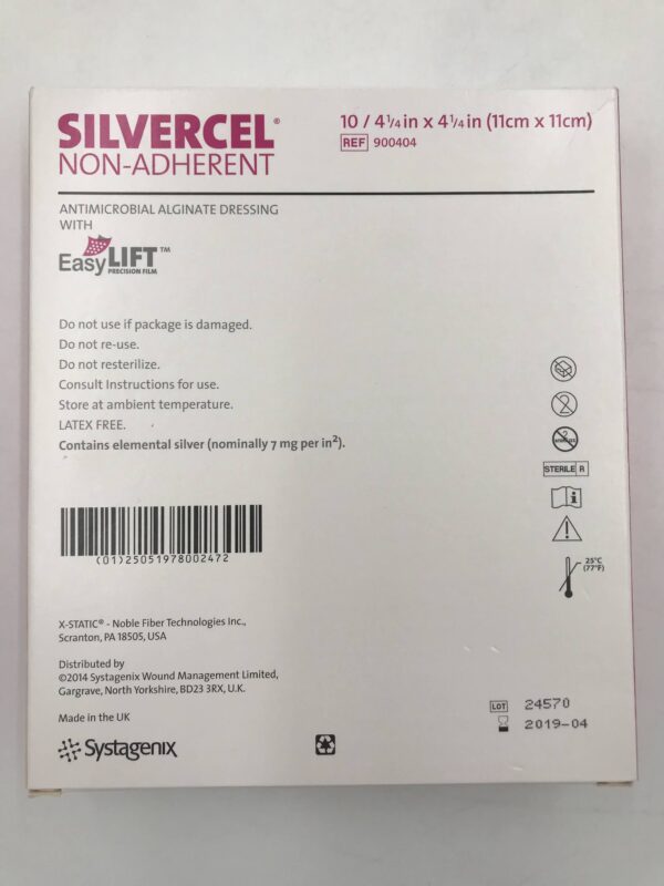 Systagenix 900404 Silvercel Non-Adherent Antimicrobial Alginate Dressing with EasyLift Precision Film 4 1/4in x 4 1/4in (10/Box) (X)