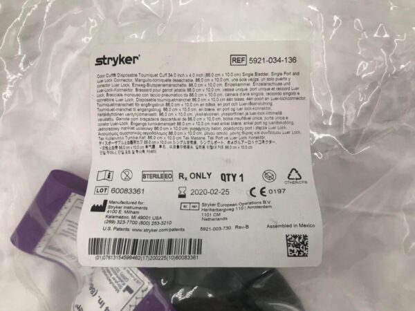 STRYKER 5921-034-136 Color Cuff Disposable Tourniquet Cuff Single Bladder Single Port & Luer Lock Connector 34.0in x 4.0in(X)