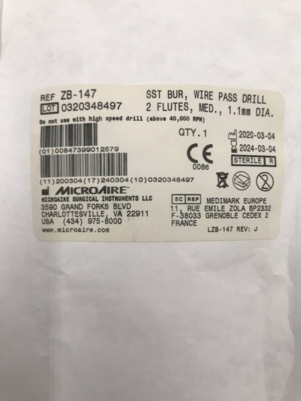 MicroAire ZB-147 SST Bur Wire Pass Drill 2 Flutes Med. 1.1mm DIA.