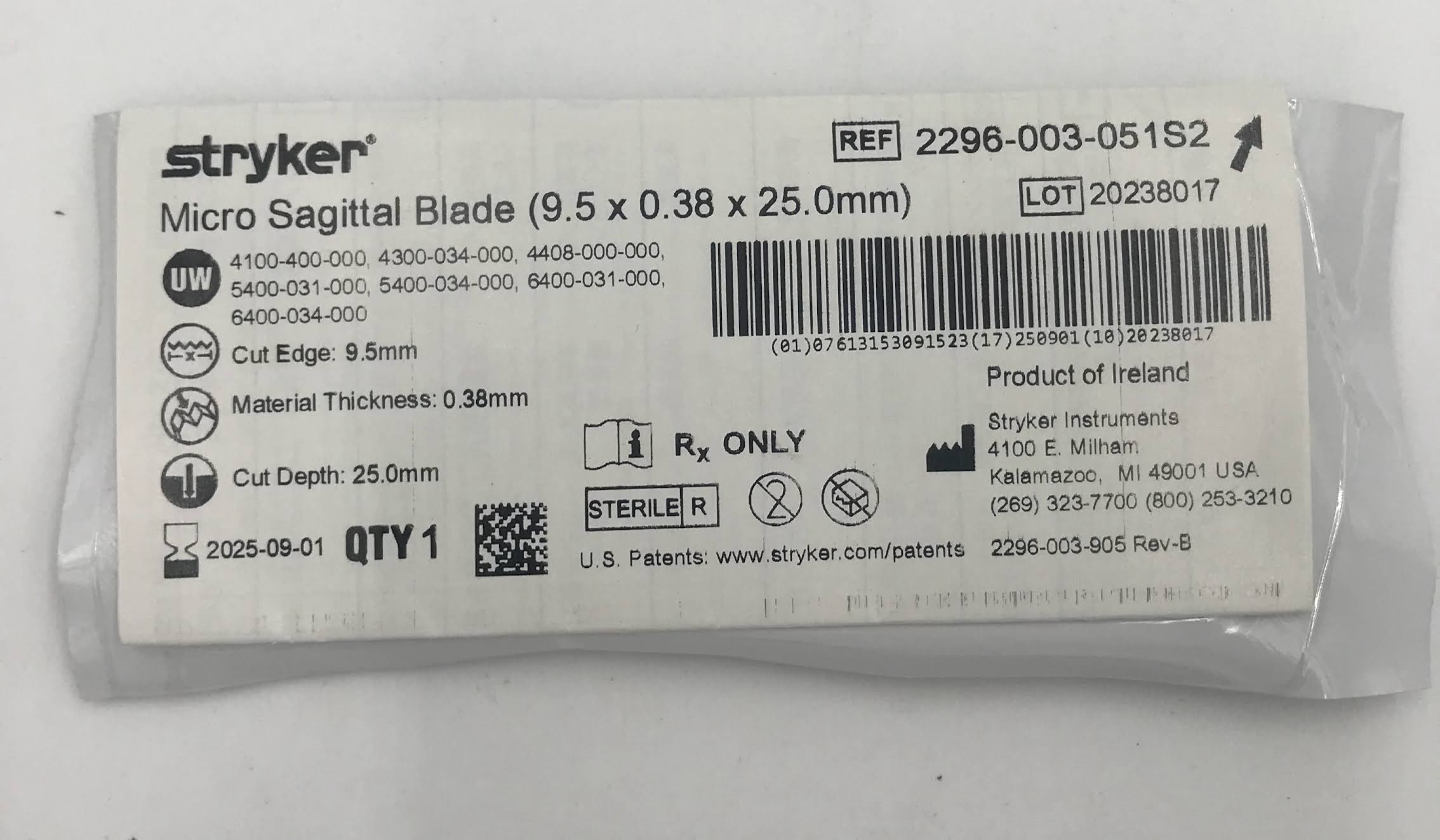 STRYKER 2296-003-051S2 Micro Sagittal Blade 9.52x0.38x25mm (X)