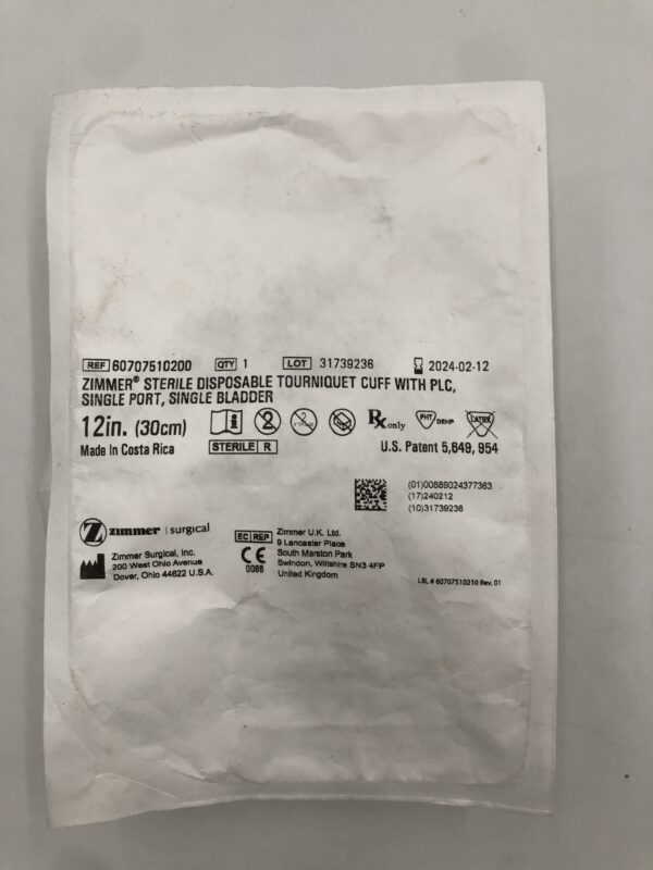 ZIMMER 60707510200 Disposable Tourniquet Cuff w/ PLC, Single Port, Single Bladder 12in