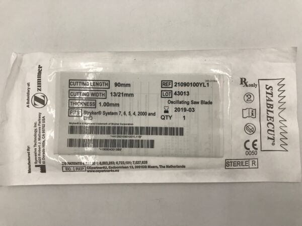 Zimmer 21090100YL1 Oscillating Saw Blade Cutting Length 90mm, Cutting Width 13/21mm, Thickness 1.00mm (X)