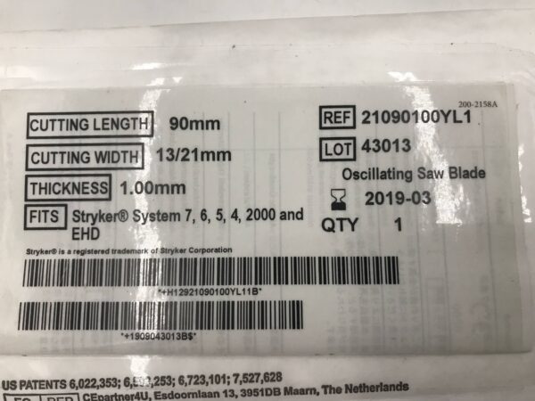 Zimmer 21090100YL1 Oscillating Saw Blade Cutting Length 90mm, Cutting Width 13/21mm, Thickness 1.00mm (X)