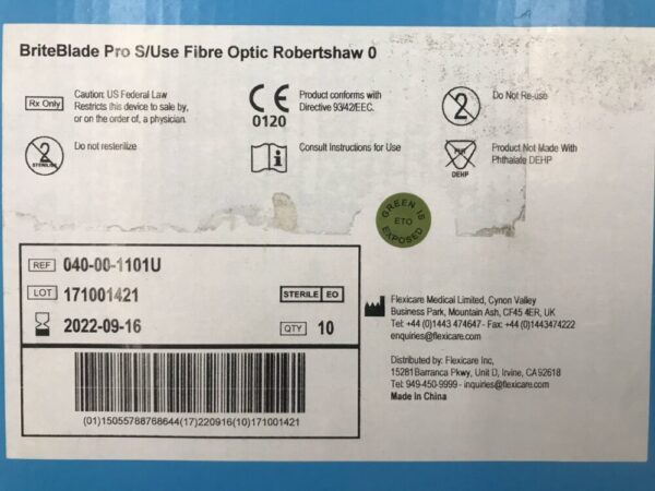 FLEXICARE 040-00-1101U BriteBlade Pro S/Use Fibre Optic Metal Disposable Laryngoscope Blade Robertshaw 0 (10/Box)  (X)