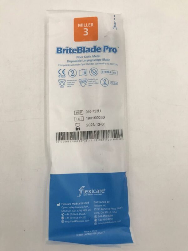Flexicare 040-723U BriteBlade Pro Fiber Optic Metal Disposable Laryngoscope BladeMiller 3 (10/Box)