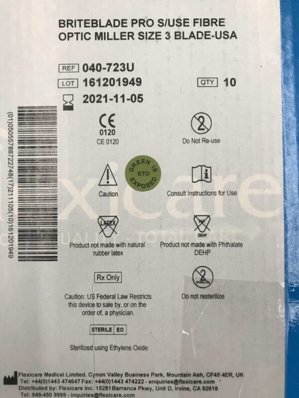 Flexicare 040-723U BriteBlade Fiber Optic Metal Disposable Laryngoscope Blade (10/Box) (X)