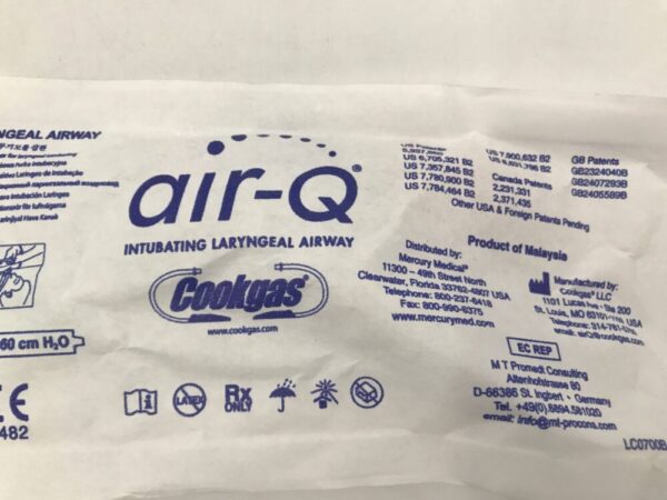 Cookgas 3015 Mercury Air-Q Single Use Intubating Laryngeal Airway <60cm H2O (X)