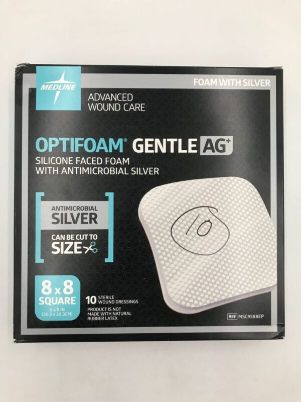 Medline MSC9588EP Optifoam Gentle AG+ Silicone Faced Foam with Antimicrobial Silver Advanced Wound Care 8in x 8in (10/Box) (X)