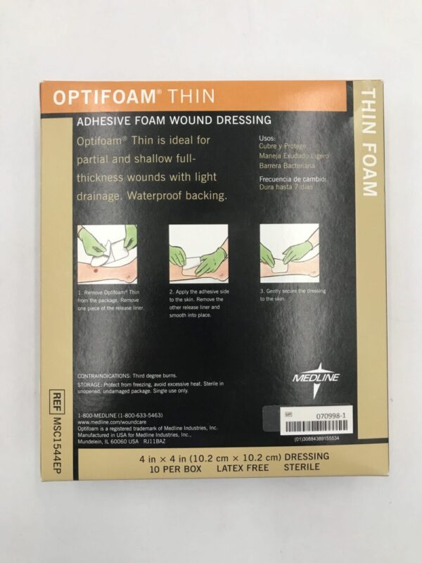 Medline MSC1544EP Optifoam Thin Adhesive Foam Wound Dressing 4in x 4in (10/Box)