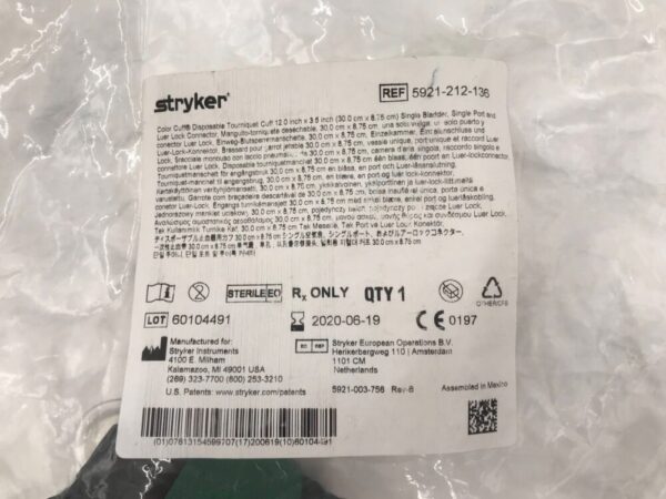 STRYKER 5921-212-136 Color Cuff Disp. Tourniquet Cuff, Single Bladder Single Port & Luer Lock Connector 12in x 35in (X)