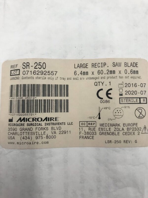 MicroAire SR-250 Large Recip Saw Blade 6.4mm x 60.2mm x 0.6mm (X)
