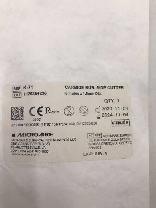 MicroAire K-71 Carbide Bur Side Cutter 6 Flutes x 1.6mm Dia.