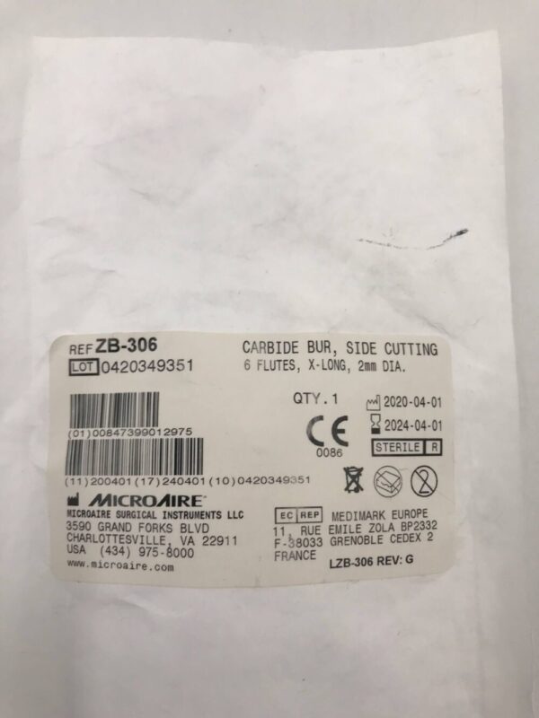 MicroAire ZB-306 Carbide Bur Side Cutting 6 Flutes X-Long 2mm Dia.