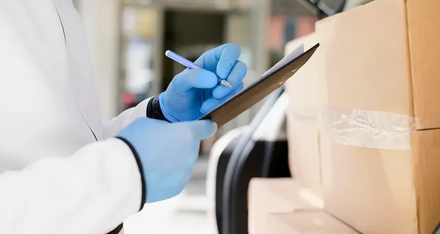 Close-up of a person verifying a delivery list for wholesale medical supplies.