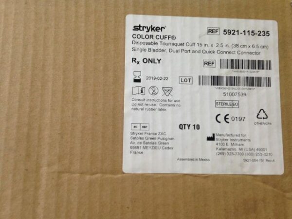 STRYKER 5921-115-235 Color Cuff Disp. Tourniquet Cuff, Single Bladder, Dual Port & Quick Connect Connector 15x2.5in (10/Case)(X)