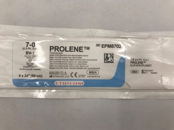 ETHICON EPM8702 Prolene Polypropylene Blue Monofilament Non-Absorbable Suture 7-0, BV-1, MS/4, 4x24in