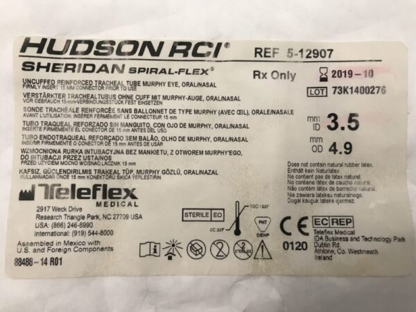 Teleflex 5-12907 Hudson RCI Sheridan Spiral-Flex Uncuffed Reinforced Tracheal Tube Murphy Eye Oral/Nasal 3.5mm I.D.,4.9mm O.D. (X)