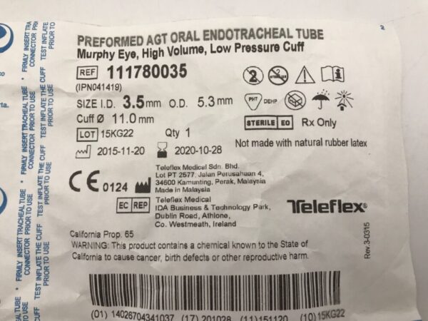 Teleflex 111780035 Rusch Preformed AGT Oral Endotracheal Tube Murphy Eye High Volume Low Pressure Cuff (X)