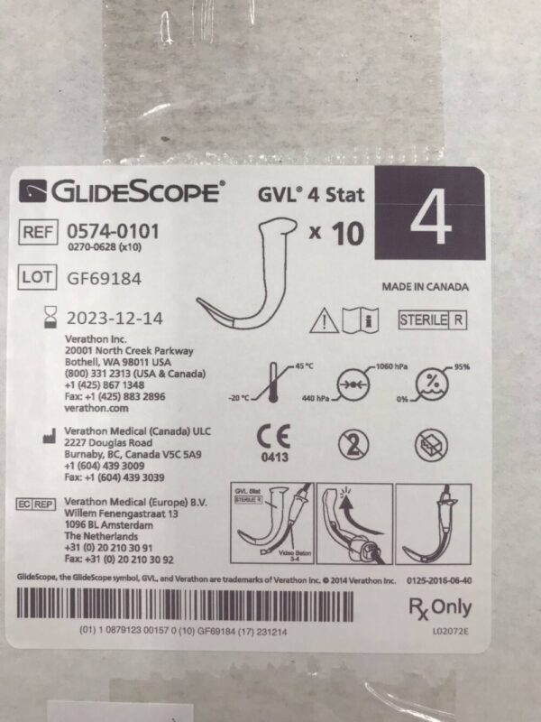 Verathon 0574-0101 Glidescope Video Laryngoscopes GVL 4 Stat (10/Box)