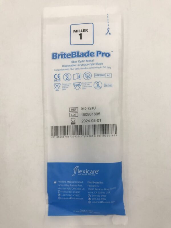 Flexicare 040-721U BriteBlade Pro Fiber Optic Metal Disposable Laryngoscope Blade Miller 1