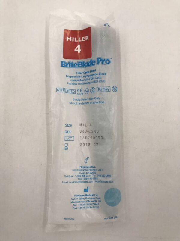Flexicare 040-724U BriteBlade Pro Fiber Optic Metal Disposable Laryngoscope Blade Miller 4 (X)