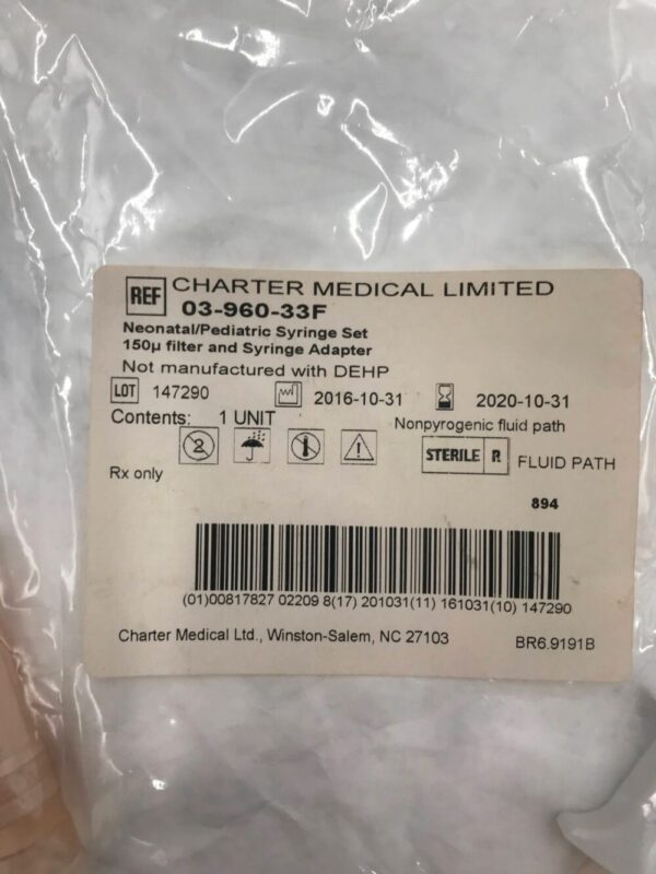 CHARTER MEDICAL 03-960-33F Neonatal/Pediatric Syringe Set 150u Filter and Syringe Adapter (X)
