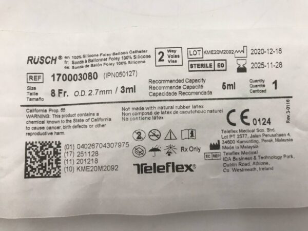 Teleflex 170003080 Rush 100% Silicone Foley Balloon Catheter 8Fr