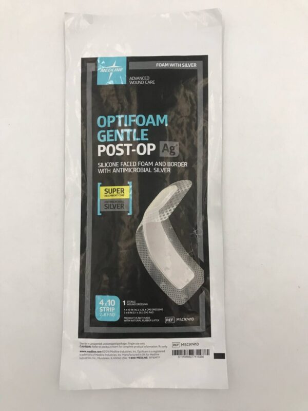 MEDLINE MSC97410 Optifoam Gentle Post-Op Ag+ Silicone Faced Foam and Border w/ Antimicrobial Silver 4x10in(X)
