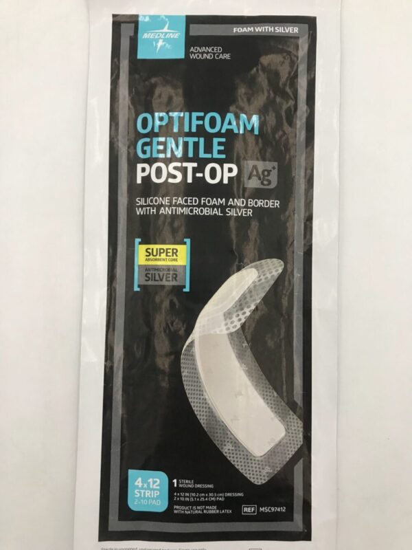 MEDLINE MSC97412 OptiFoam Gentle Post-Op Ag Silicone faced Foam and Border w/ Antimicrobial Silver 4x12in (X)