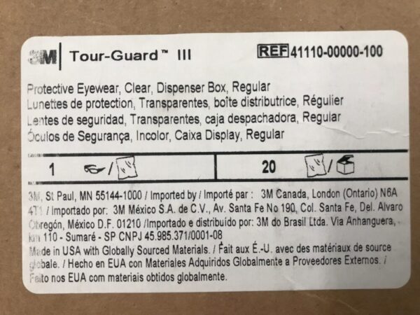 3M 41110-00000-100 Tour-Guard III Protective Eyewear Clear Dispenser Box Regular (20/Box)