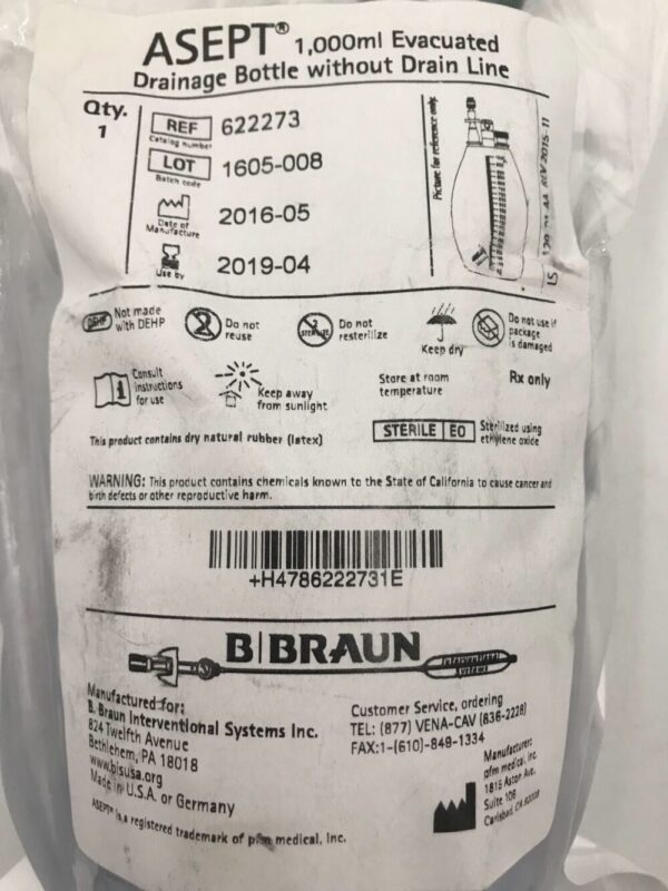 Braun 622273 Asept Evacuated Drainage Bottle w/o Drain Line 1,000mL (X)