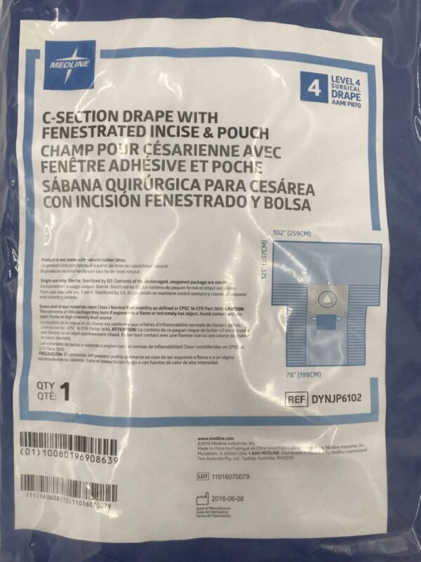 MEDLINE DYNJP6102 C-Section Drape w/ Fenestrated Incise & Pouch Level 4 Surgical Drape, 102"x121"x78"