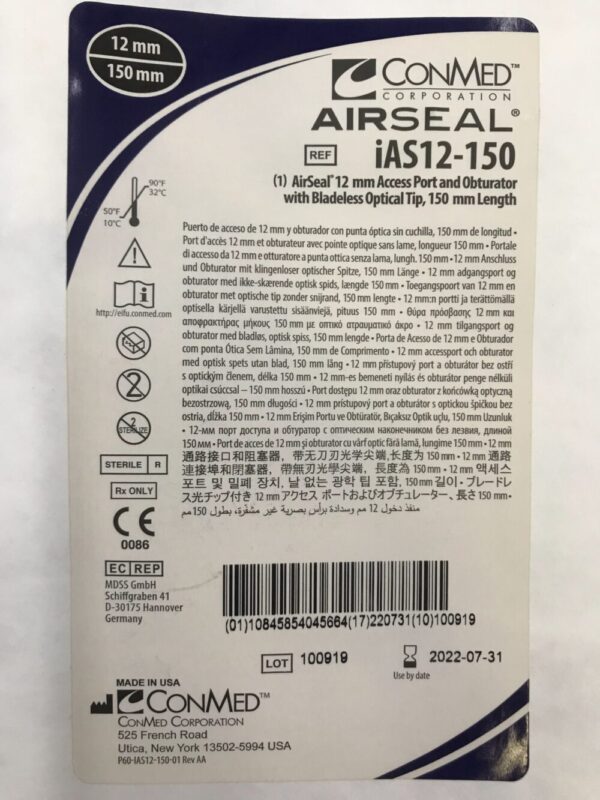 ConMed IAS12-150 Airseal 12mm Access Port and Obturator with Bladeless Optical Tip 150mm Length (X)