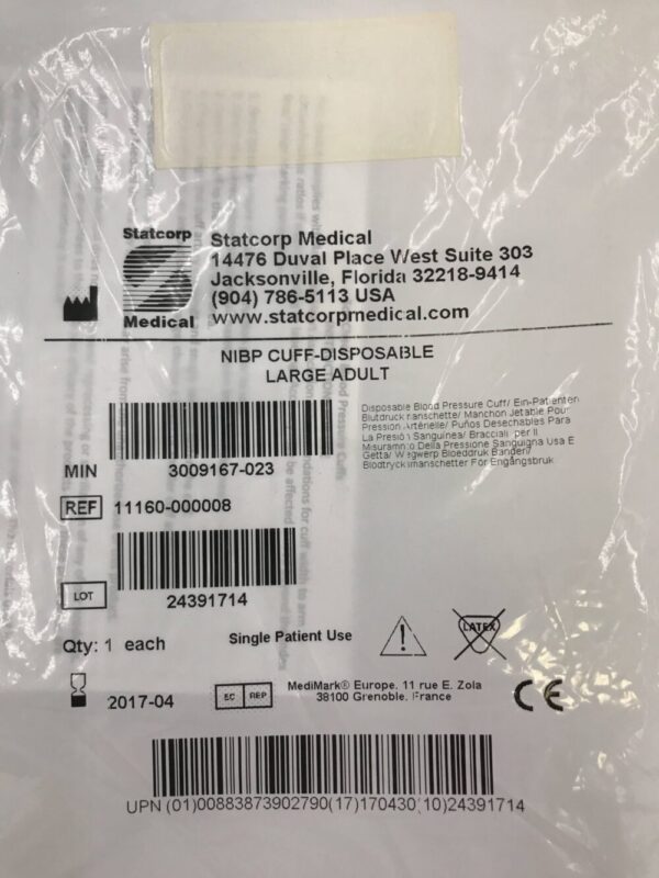 STATCORP MEDICAL 11160-000008 Soft Check NIBP Cuff-Disposable Large Adult 32-42cm(X)