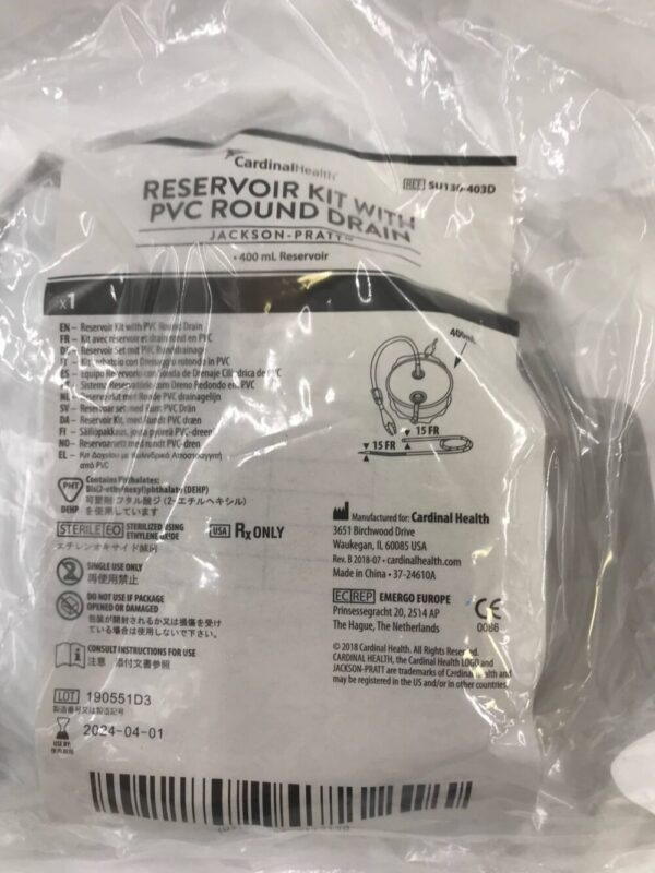 CARDINAL HEALTH SU130-403D Jackson-Pratt Reservoir Kit w/ PVC Round Drain 400mL Reservoir