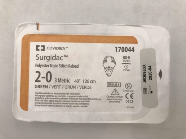 Covidien 170044 Surgidac Polyester Triple Stitch Reload 2-0 3 Metric 48" 120cm Green ES-9 Taper 9mm (X)