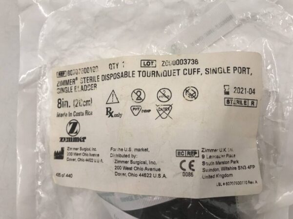 Zimmer 60707500100 Sterile Disposable Tourniquet Cuff Single Port Single Bladder 8in (21cm) (X)