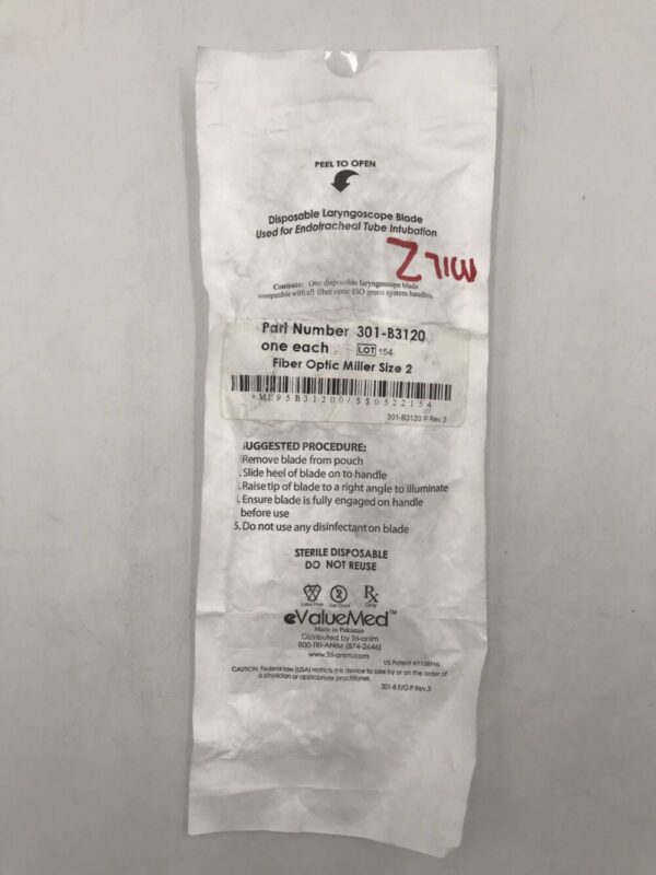 ValueMed 301-B3120 Disposable Laryngoscope Blade Fiber Optic Miller Size 2